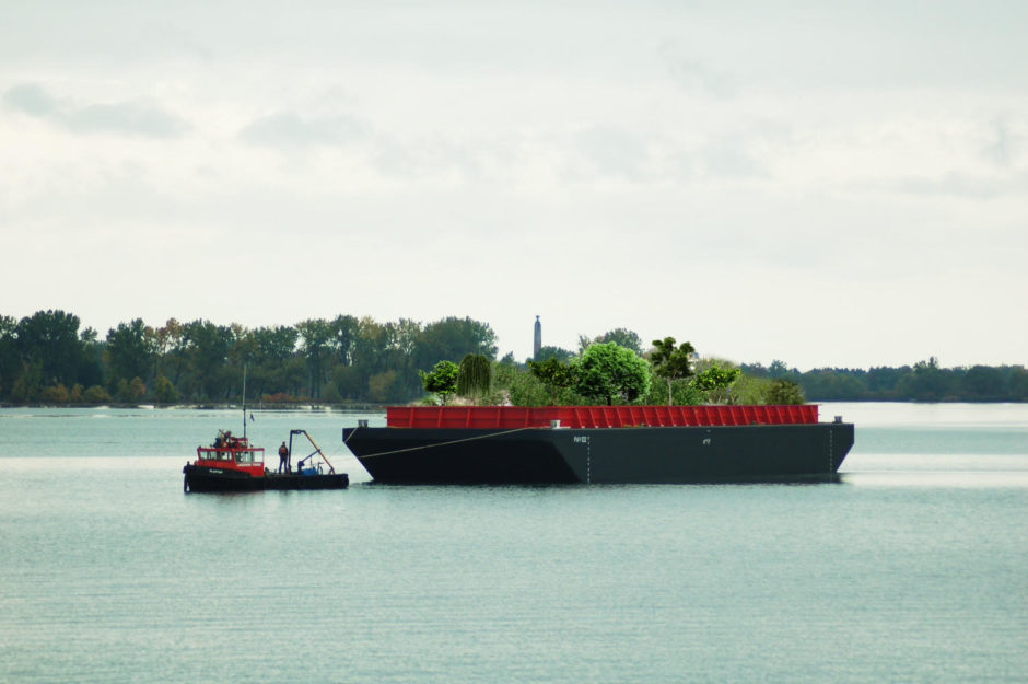 Rendering of barge on the water filled with fruit trees and vegetable crops.